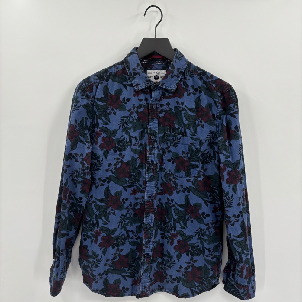 Denim and Flower Mens Floral Button Down Shirt Small Blue Burgundy Slim Fit Boho